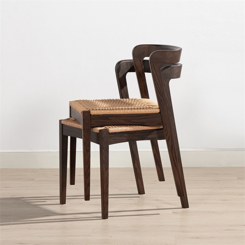 Pemberly Row Contemporary Woven Seat Oak Wood Dining Chair in Dark Brown