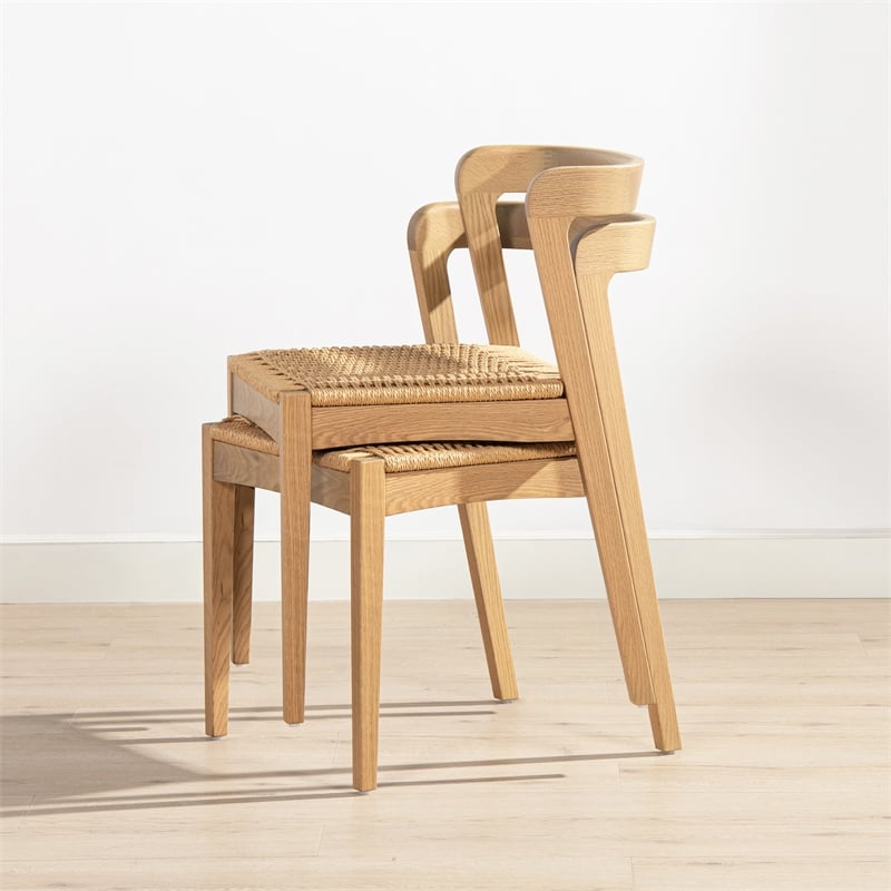 Pemberly Row Woven Seat Oak Wood Dining Chair in Natural Brown