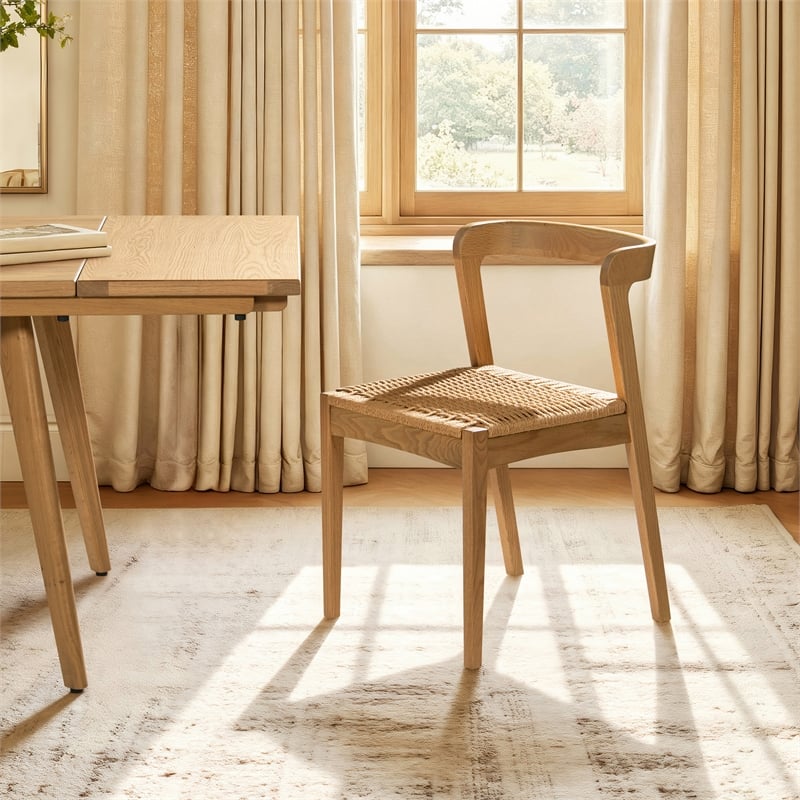 Pemberly Row Woven Seat Oak Wood Dining Chair in Natural Brown