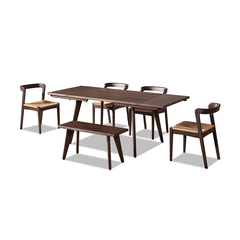 Pemberly Row Solid Oak 6-Piece Extendable Dining Set in Dark Brown