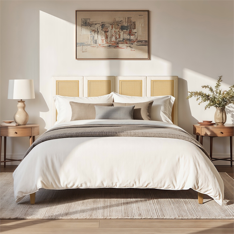 Pemberly Row Queen Upholstered Cane Back Platform Bed in Antique White