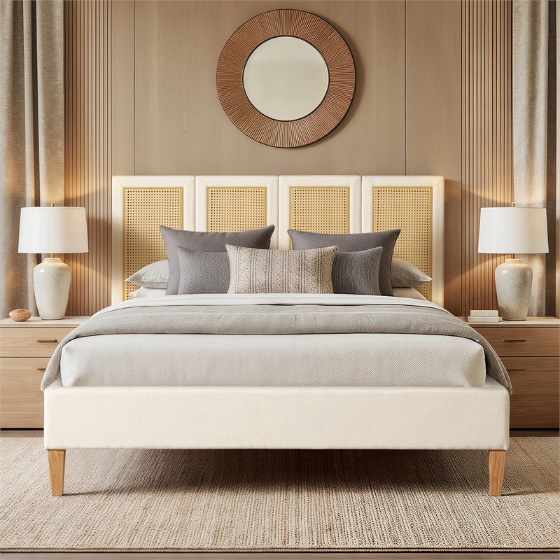 Pemberly Row Queen Upholstered Cane Back Platform Bed in Antique White