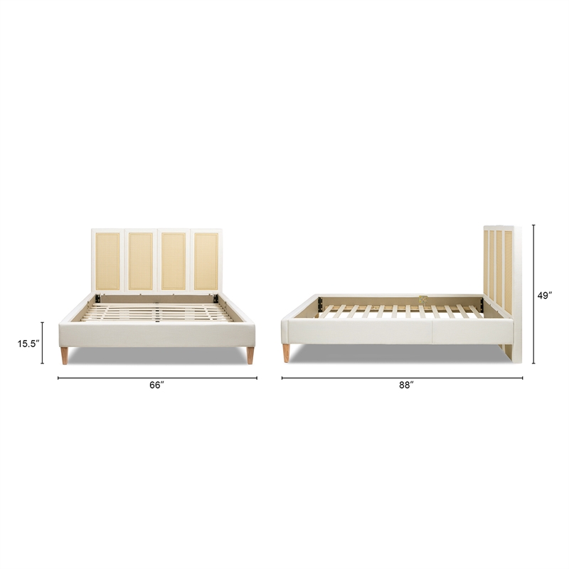 Pemberly Row Queen Upholstered Cane Back Platform Bed in Antique White