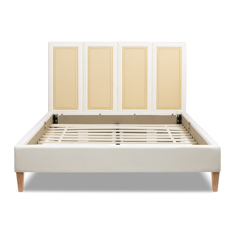 Pemberly Row Queen Upholstered Cane Back Platform Bed in Antique White