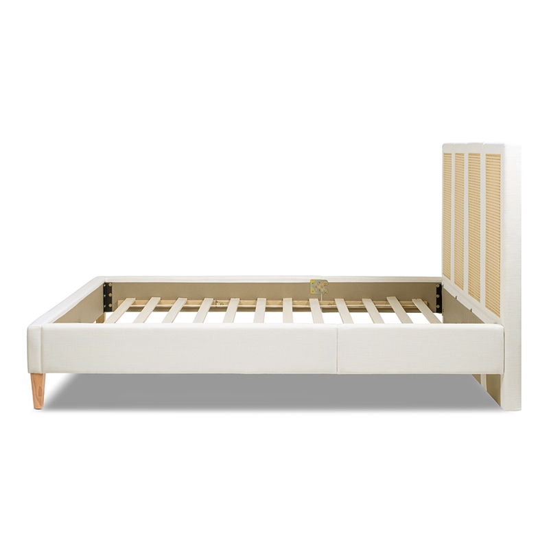 Pemberly Row Queen Upholstered Cane Back Platform Bed in Antique White