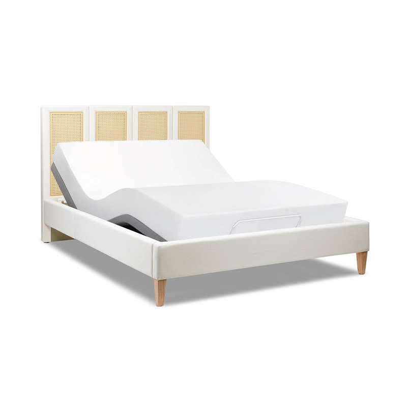 Pemberly Row Queen Upholstered Cane Back Platform Bed in Antique White