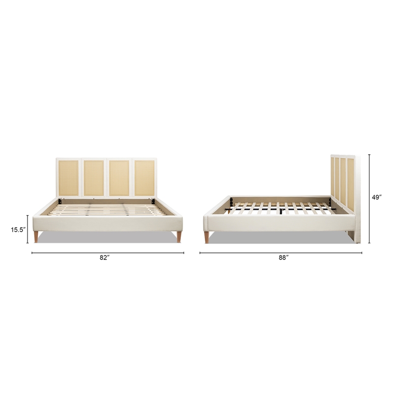 Pemberly Row King Upholstered Cane Back Platform Bed in Antique White