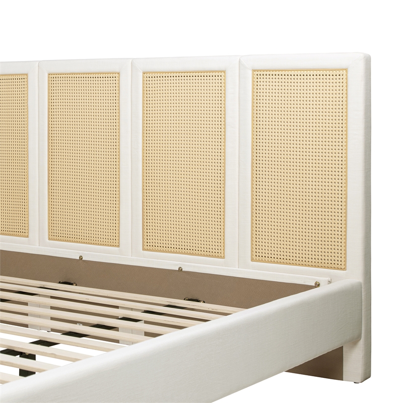 Pemberly Row King Upholstered Cane Back Platform Bed in Antique White