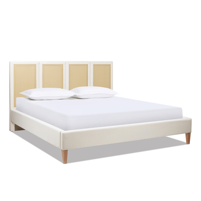 Pemberly Row King Upholstered Cane Back Platform Bed in Antique White