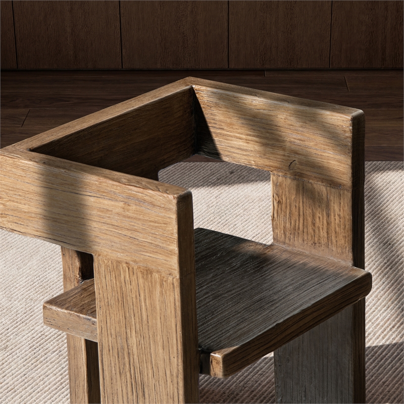 Pemberly Row Reclaimed Elm Sculptural Block Accent Chair in Medium-Dark Brown