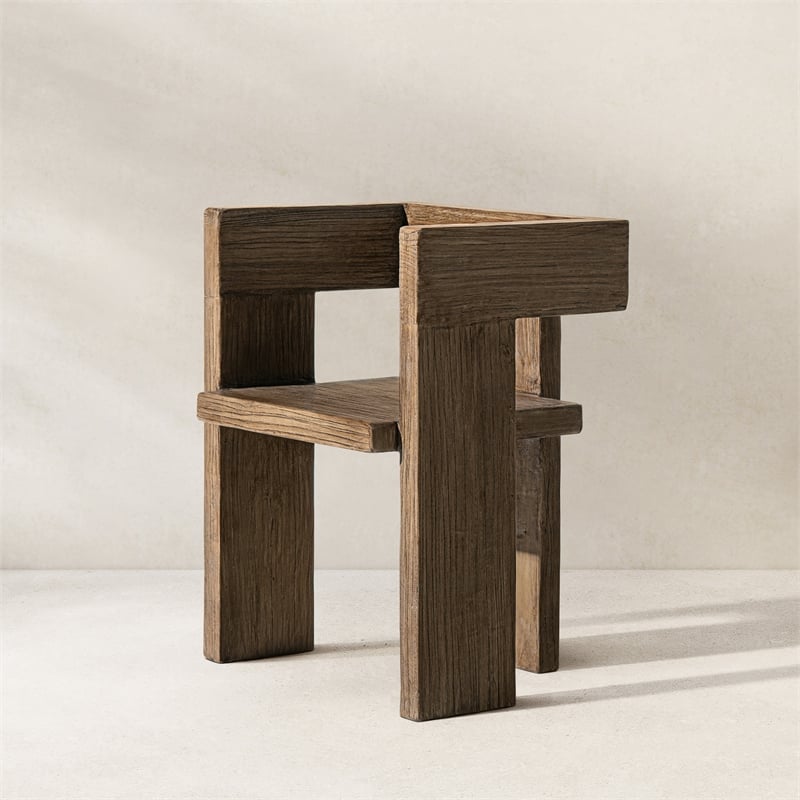 Pemberly Row Reclaimed Elm Sculptural Block Accent Chair in Light Natural Brown