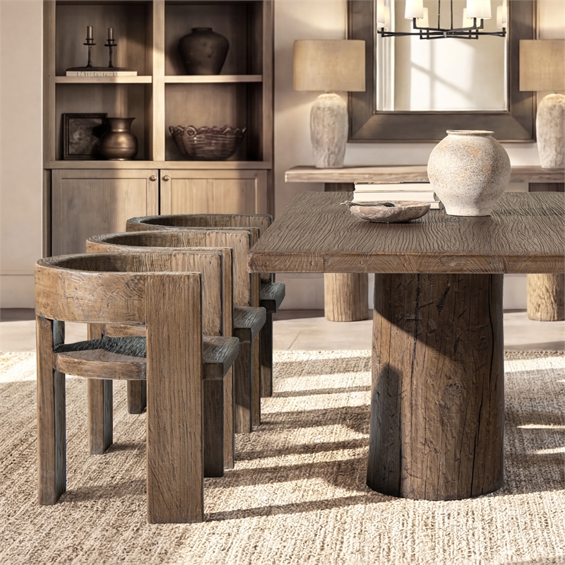 Pemberly Row Reclaimed Elm Sculptural Curved Dining Chair in Medium-Dark Brown