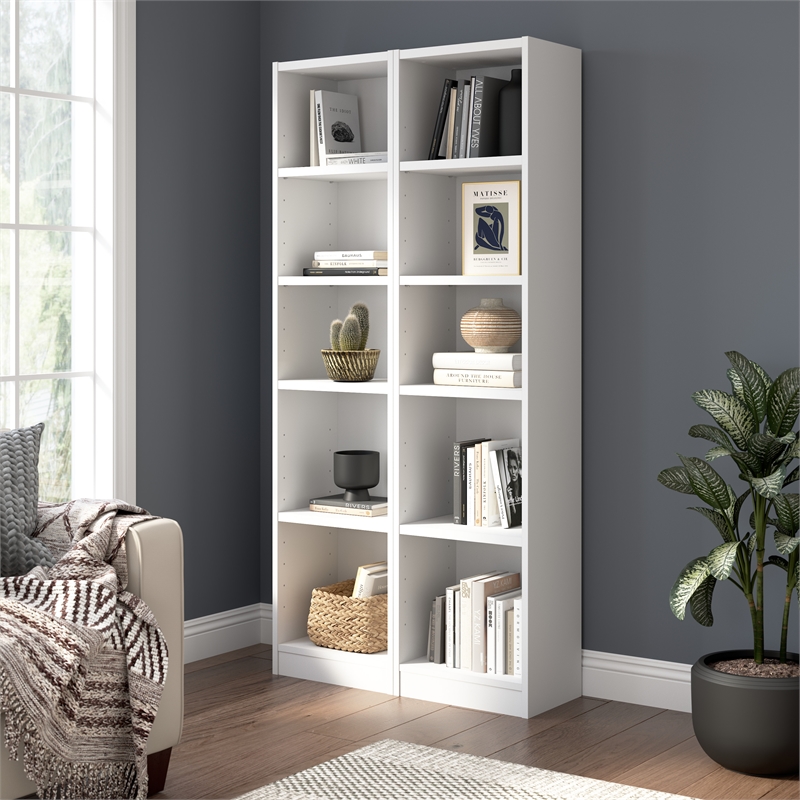 Pemberly Row Contemporary 17W Narrow 5 Shelf Bookcase Set of 2 in White