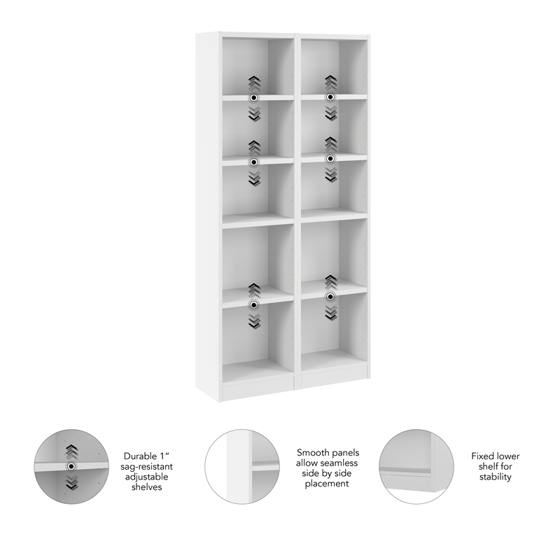 Pemberly Row Contemporary 17W Narrow 5 Shelf Bookcase Set of 2 in White