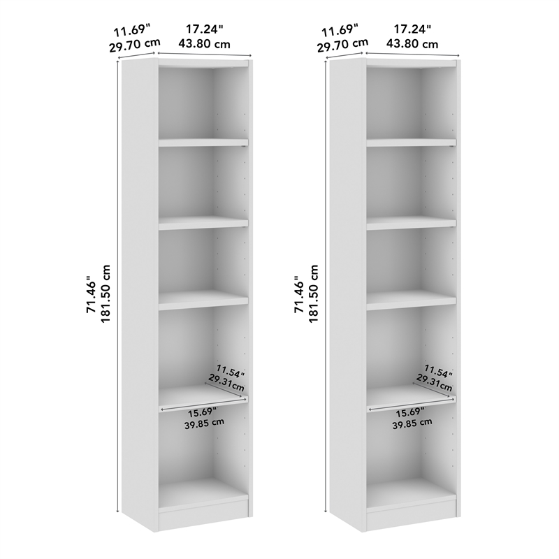 Pemberly Row Contemporary 17W Narrow 5 Shelf Bookcase Set of 2 in White