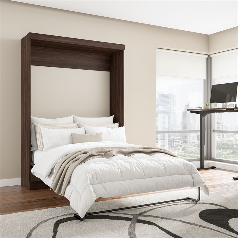 Pemberly Row 59W Full Murphy Bed in Black Walnut Engineered Wood