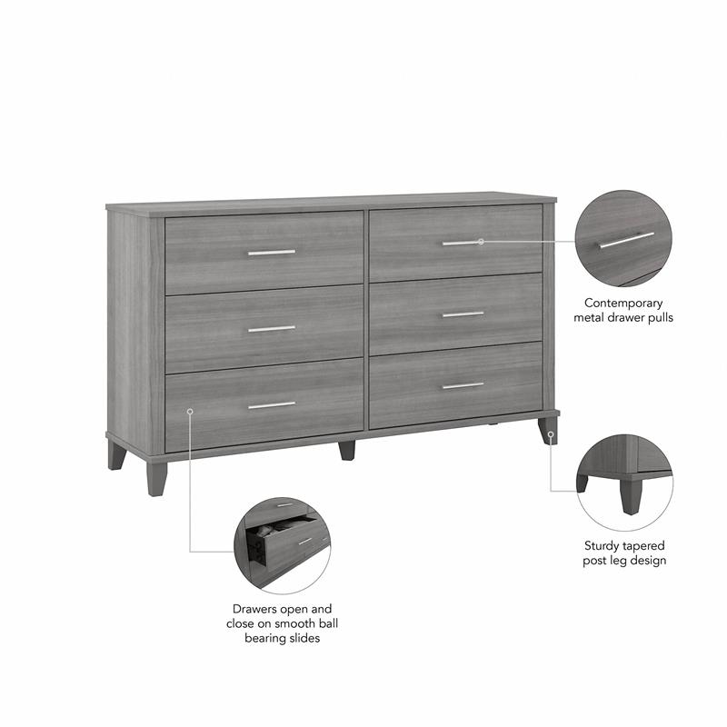 Pemberly Row 60W x 17D x 34H 6 Drawer Dresser in Platinum Gray