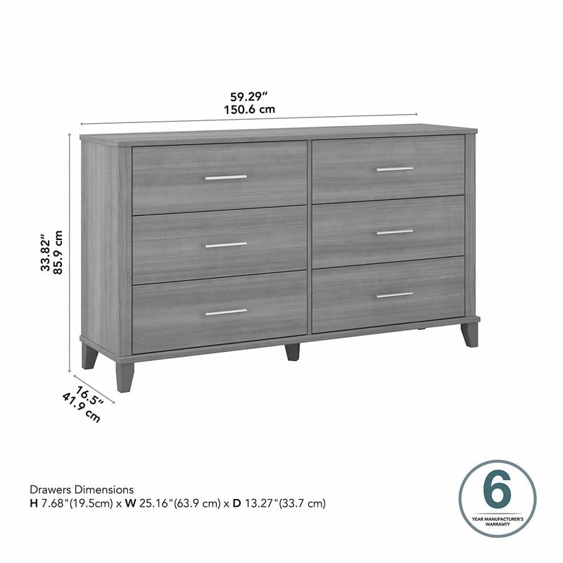 Pemberly Row 60W x 17D x 34H 6 Drawer Dresser in Platinum Gray