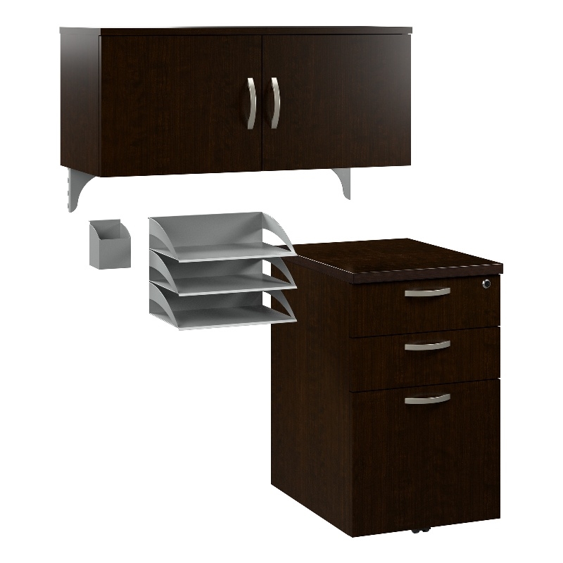 Pemberly Row Cubicle Storage Set with File Cabinet in Mocha Cherry