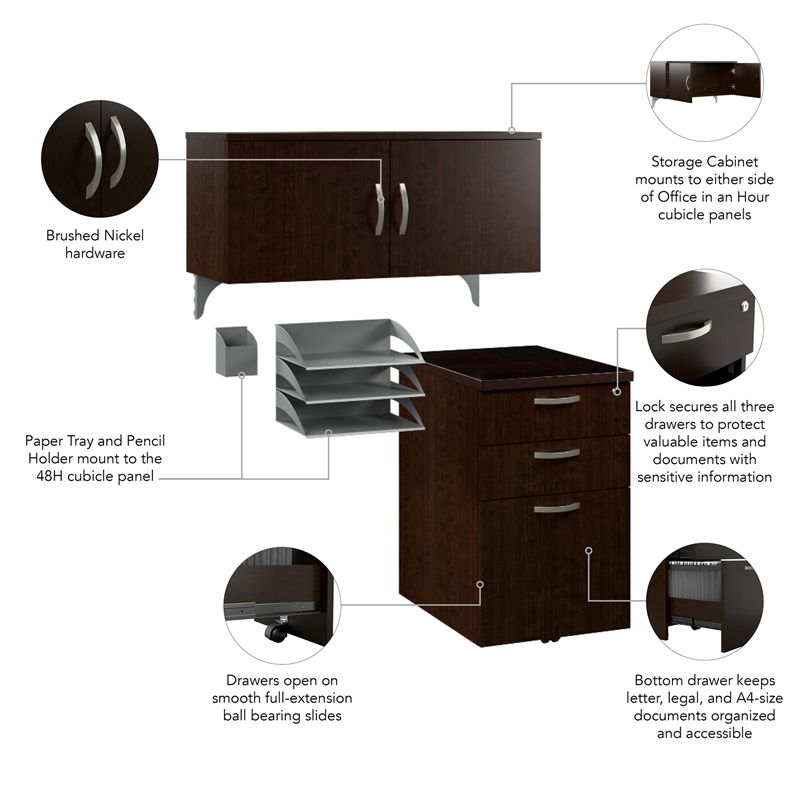 Pemberly Row Cubicle Storage Set with File Cabinet in Mocha Cherry