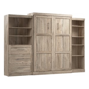 Pemberly Row Queen Murphy Bed With Shelving and Drawers 126W in Rustic Brown