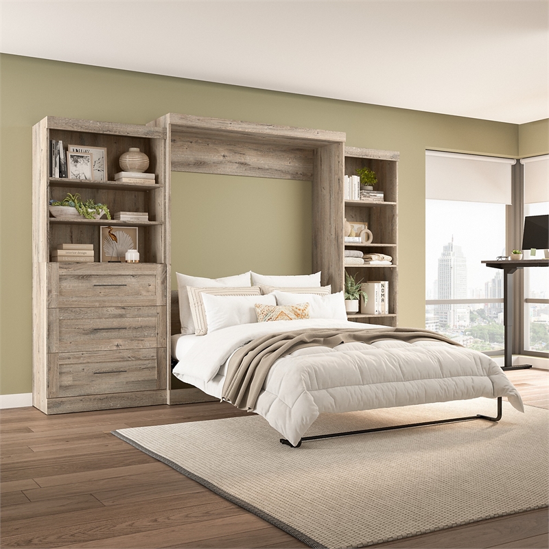 Pemberly Row Queen Murphy Bed With Shelving and Drawers 126W in Rustic Brown