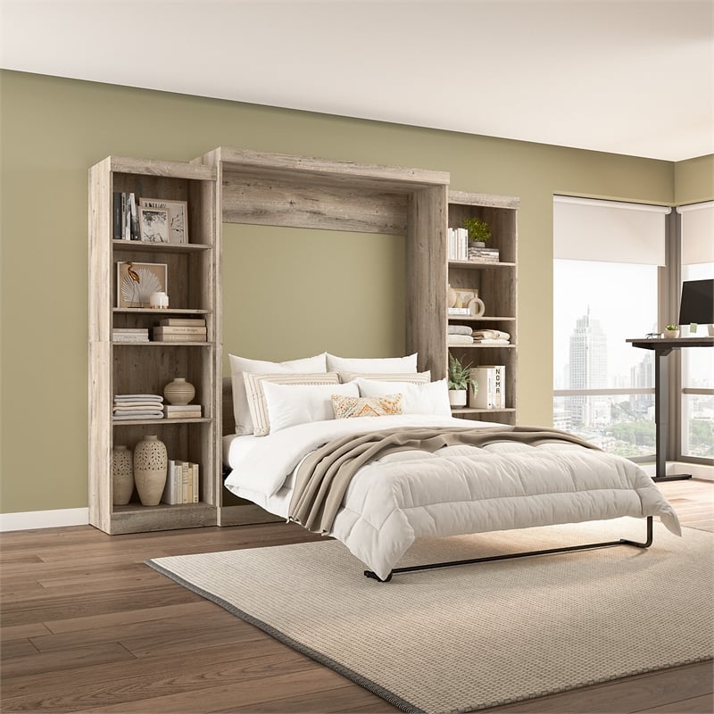 Pemberly Row Queen Murphy Bed and 2 Shelving Units 115W in Rustic Brown