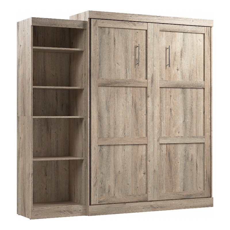 Pemberly Row Queen Murphy Bed with Shelving Unit 90W in Rustic Brown