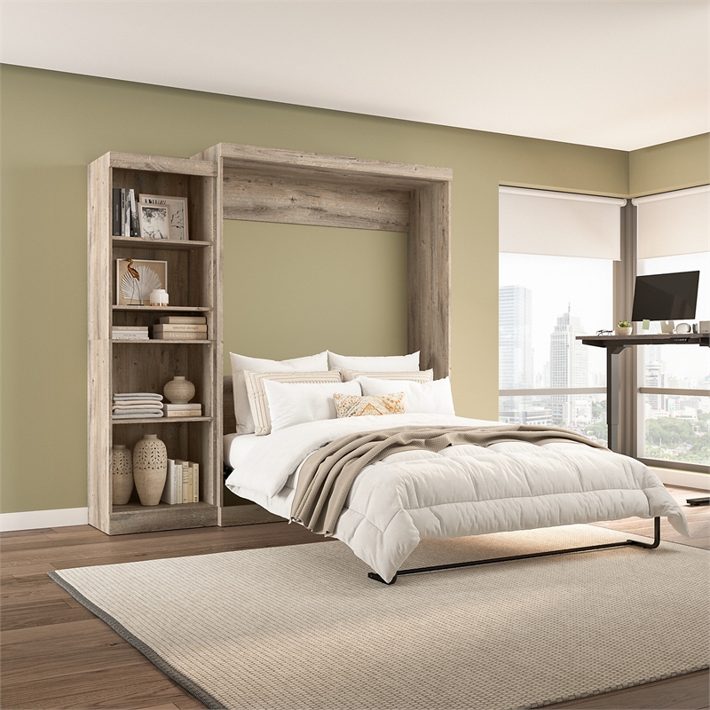 Pemberly Row Queen Murphy Bed with Shelving Unit 90W in Rustic Brown