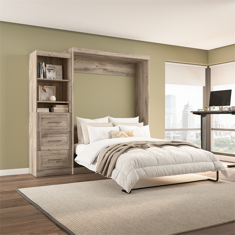 Pemberly Row Queen Murphy Bed and Shelving Unit With Drawers 90W in Rustic Brown