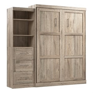 Pemberly Row Queen Murphy Bed and Shelving Unit With Drawers 90W in Rustic Brown