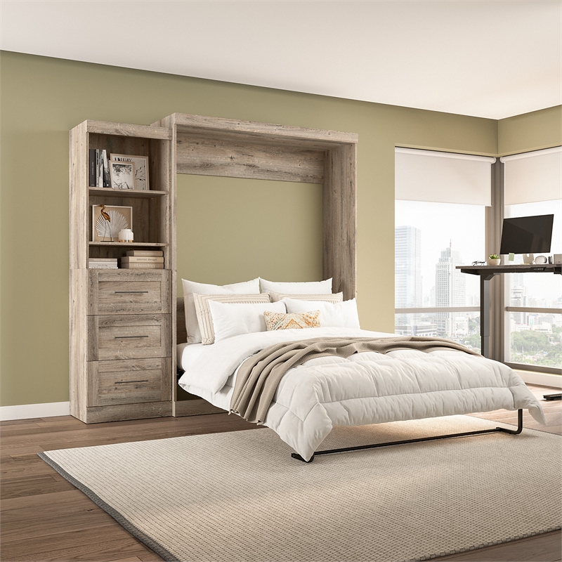 Pemberly Row Queen Murphy Bed and Shelving Unit With Drawers 90W in Rustic Brown