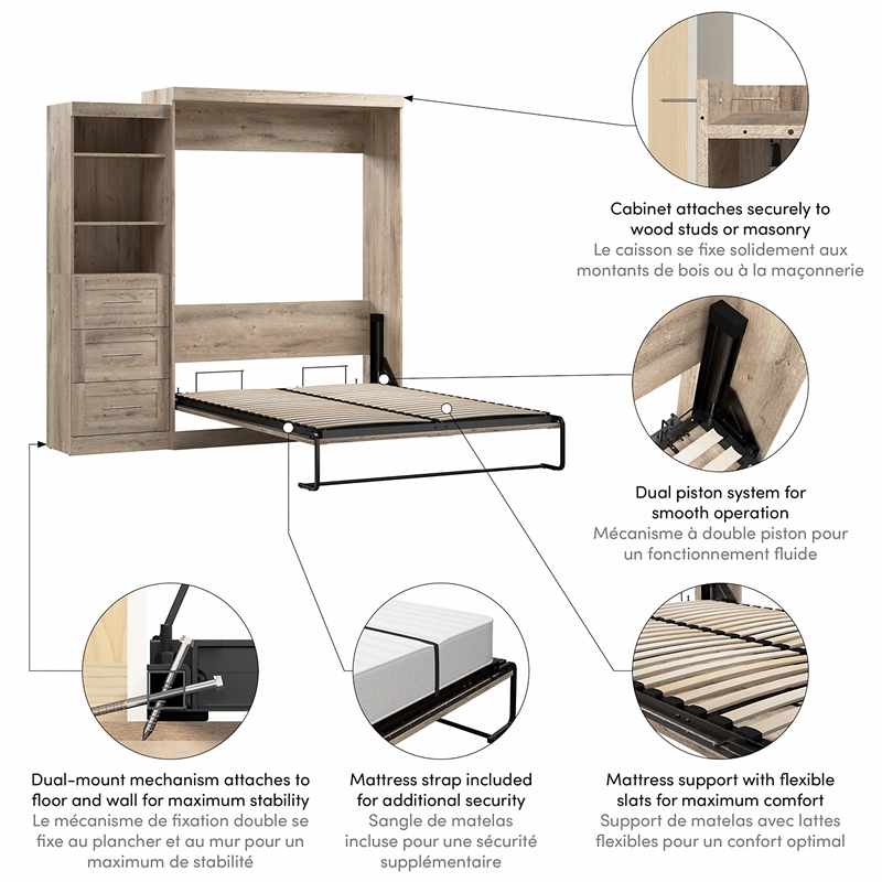 Pemberly Row Queen Murphy Bed and Shelving Unit With Drawers 90W in Rustic Brown