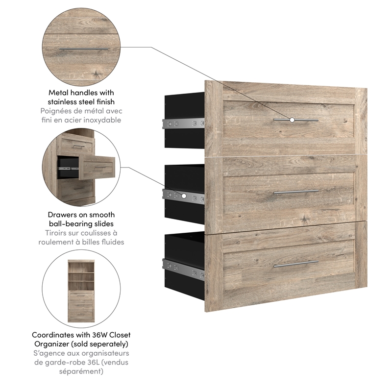 Pemberly Row 3 Drawer Set for 36W Closet Organizer in Rustic Brown