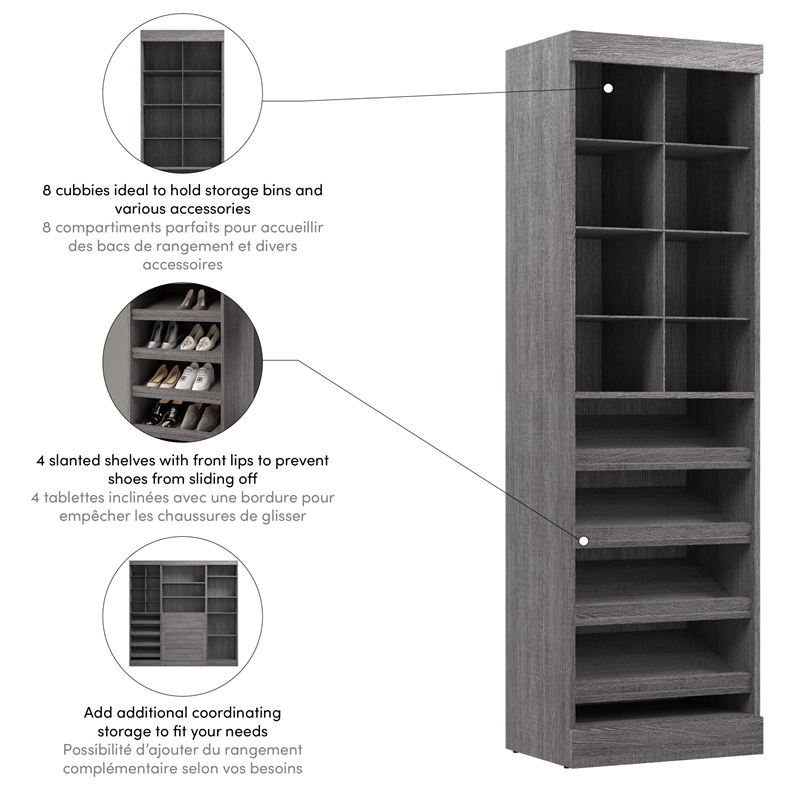 Pemberly Row 25W Closet Shoe Organizer With Cubbies in Bark Gray