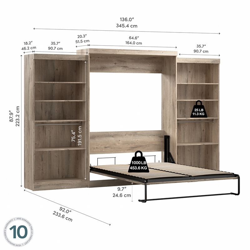 Pemberly Row Queen Murphy Bed With 2 Shelving Units 137W in Rustic Brown