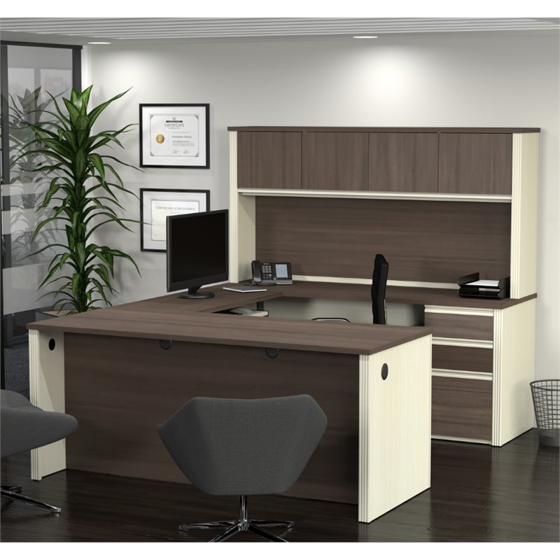 Pemberly Row U-Desk With Hutch for Home Office in White Chocolate and Antigua