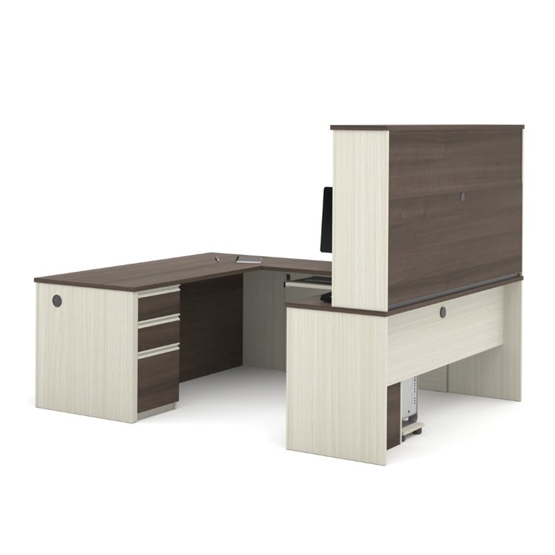 Pemberly Row U-Desk With Hutch for Home Office in White Chocolate and Antigua