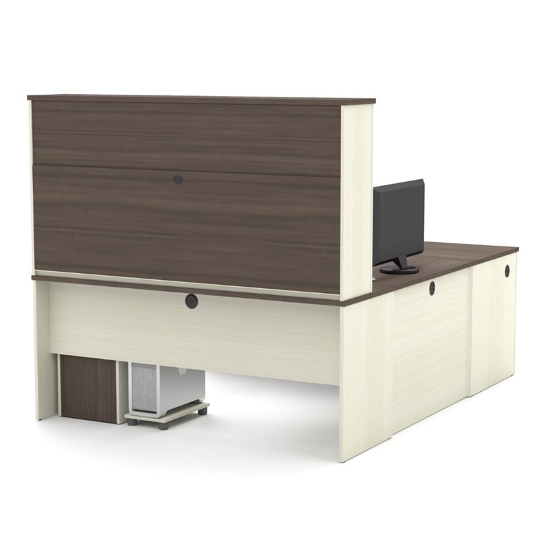 Pemberly Row U-Desk With Hutch for Home Office in White Chocolate and Antigua