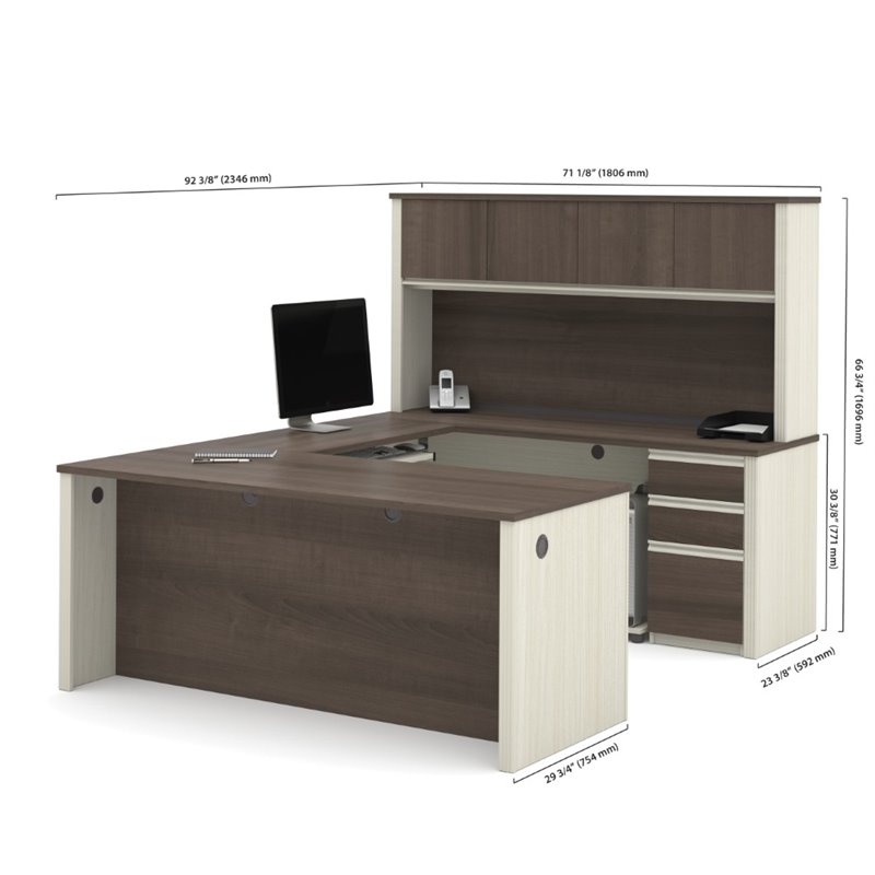 Pemberly Row U-Desk With Hutch for Home Office in White Chocolate and Antigua