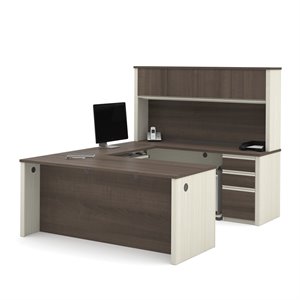 Pemberly Row U-Desk With Hutch for Home Office in White Chocolate and Antigua