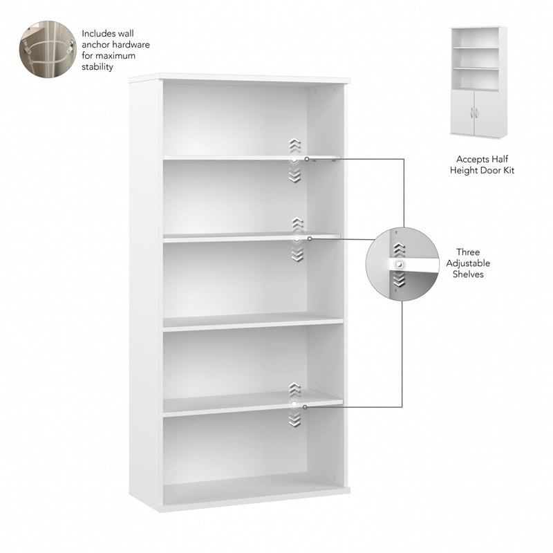 Pemberly Row 36 Inch 5 Shelf Bookcase With Adjustable Shelves in White