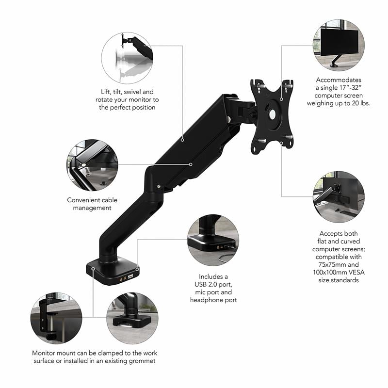 Pemberly Row Adjustable Monitor Arm With USB Port for 17 to 32 Inch Screens