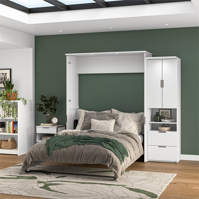 Pemberly Row 91W Queen Murphy Bed Set With Desk and Storage Cabinet in White