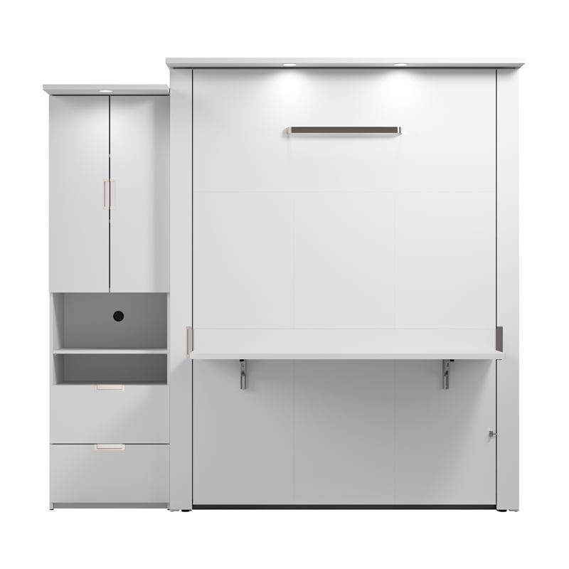 Pemberly Row 91W Queen Murphy Bed Set With Desk and Storage Cabinet in White