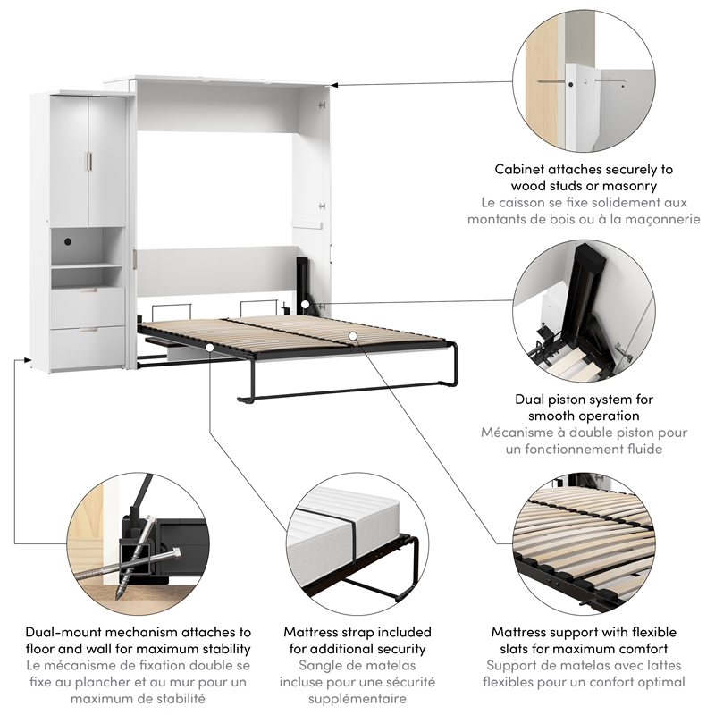 Pemberly Row 91W Queen Murphy Bed Set With Desk and Storage Cabinet in White