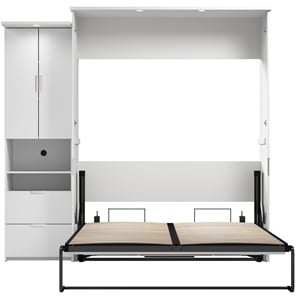 Pemberly Row 91W Queen Murphy Bed Set With Desk and Storage Cabinet in White