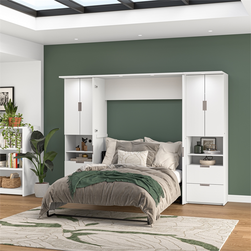 Pemberly Row Full Murphy Bed Set With Desk and 2 Storage Cabinets in White