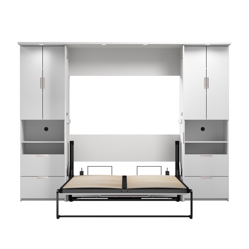 Pemberly Row Full Murphy Bed Set With Desk and 2 Storage Cabinets in White