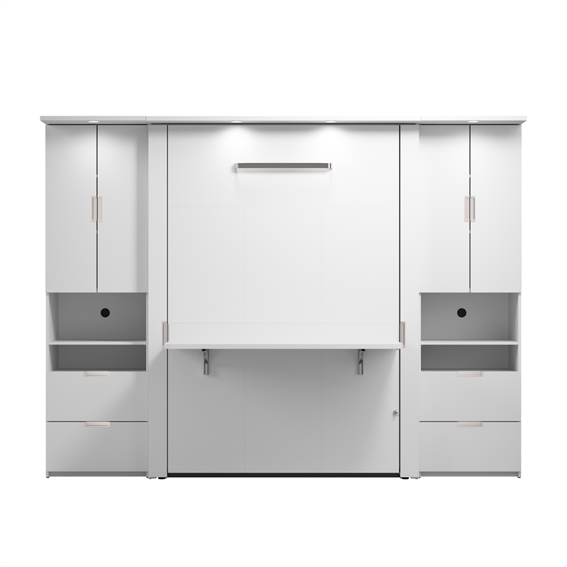 Pemberly Row Full Murphy Bed Set With Desk and 2 Storage Cabinets in White